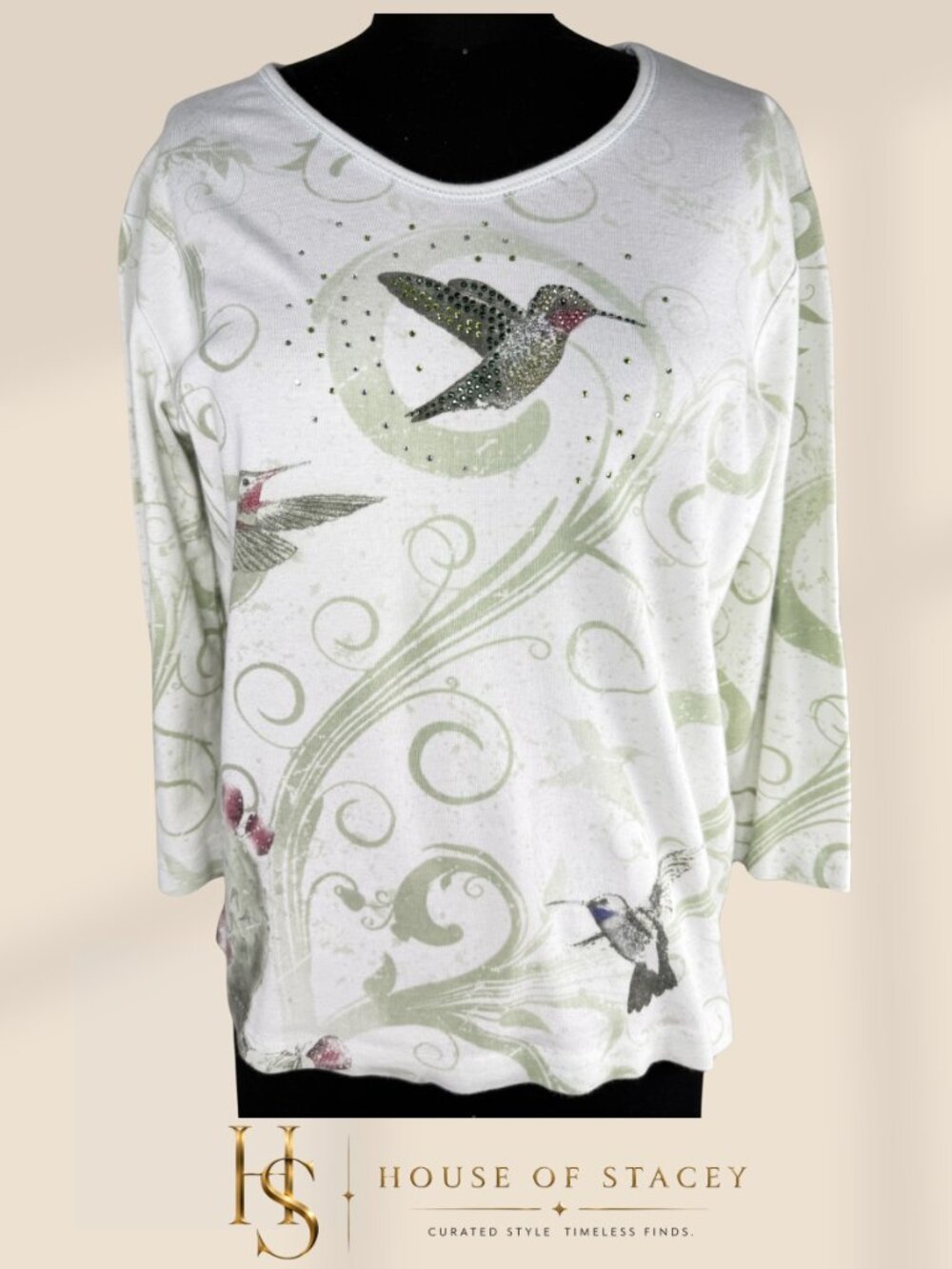 White Hummingbird Rhinestone 3/4 Sleeve Tee Medium